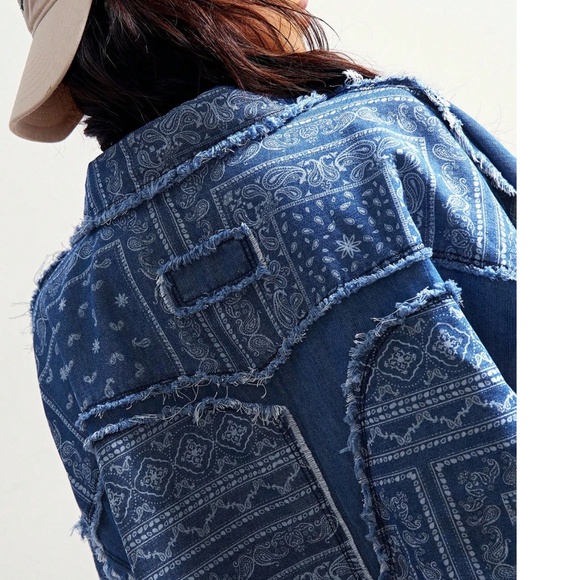 Dark Wash Paisley Print Frayed Detail Button Down Oversized Denim Jacket - Picture 6 of 8